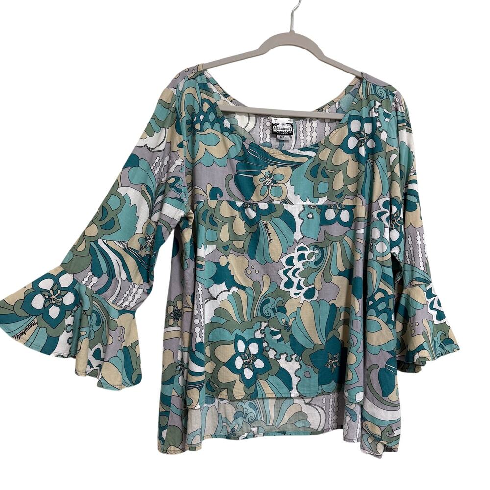 Manuhealii Womens Hawaiian Top Blouse XXL Green Floral 3/4 Sleeve Ruffle